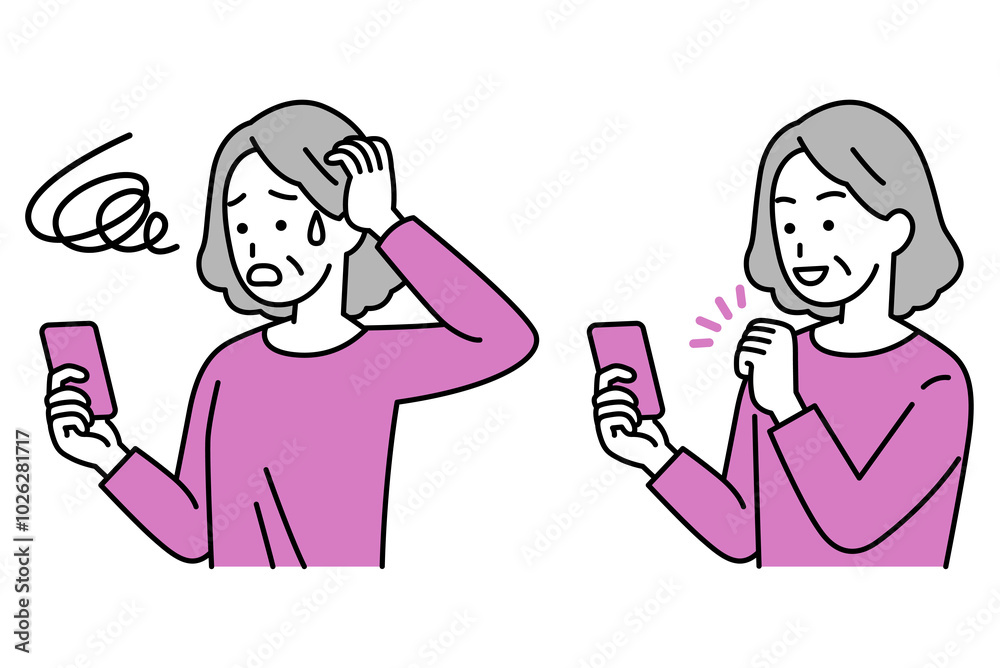 スマートフォンを操作する年配の女性のセット（トラブル／ガッツポーズ）