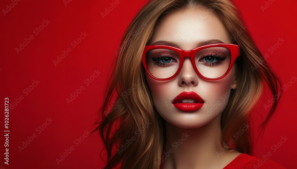 Stylish Woman with Red Glasses Posing Against a Red Background Stylish Woman with Red Glasses Posing Against a Red Background