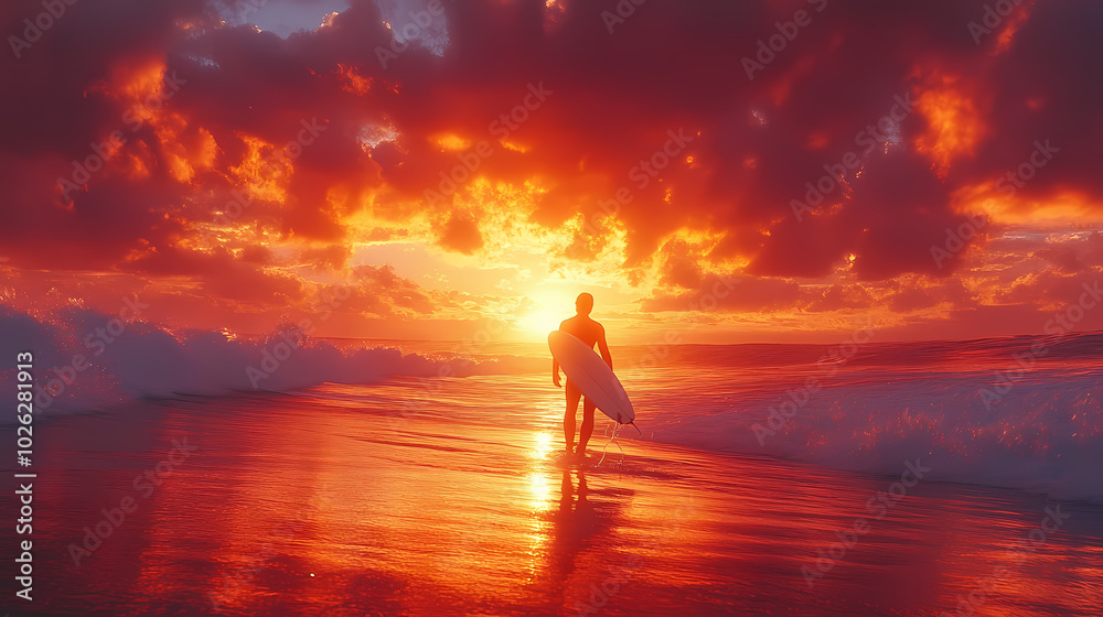 Fototapeta premium Surfer goes home during a beautiful sunset