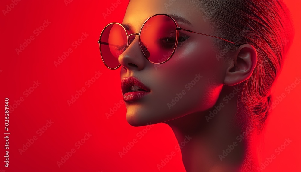 Sensual Woman in Red Sunglasses Against Vibrant Red Background Sensual Woman in Red Sunglasses Against Vibrant Red Background