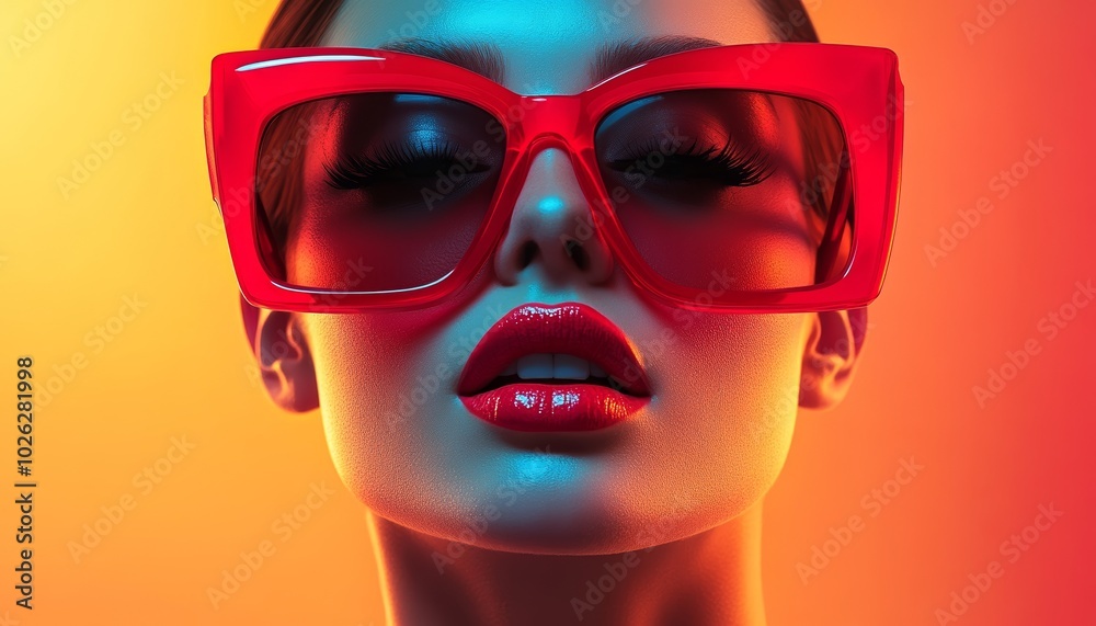 Bold Woman with Large Red Sunglasses Posing Confidently Against Blue Background Bold Woman with Large Red Sunglasses Posing Confidently Against Blue Background