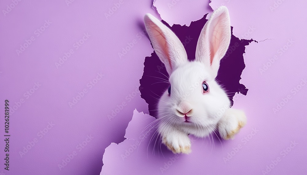 Obraz premium Cute White Rabbit Bunny Peeking Through Torn Purple Paper