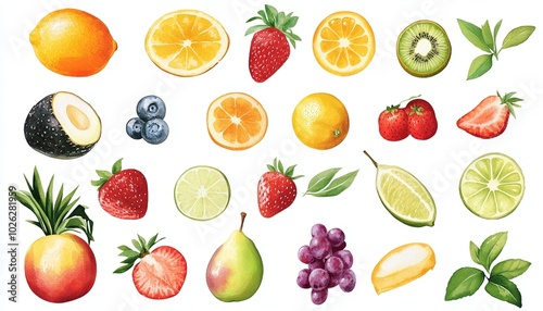 Colorful Fruit Sticker Set with Grapes, Oranges, Apples Strawberries on White Background