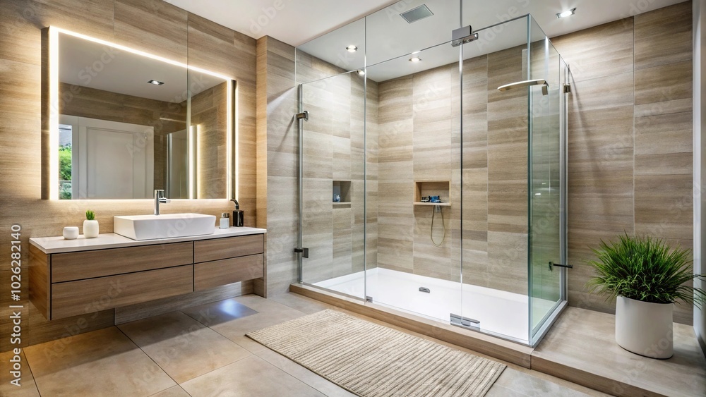 © suchetpong - Modern bathroom with large shower tray in a contemporary house