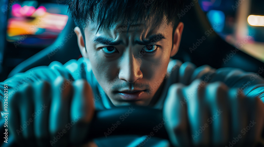 A young man with a determined expression looks intensely at the camera while gripping a racing wheel. A young man with a determined expression looks intensely at the camera while gripping a racing wheel.