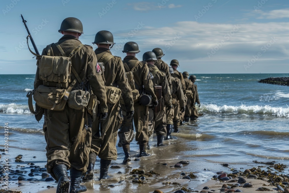 Naklejka premium Soldiers approach at the normandy beach.
