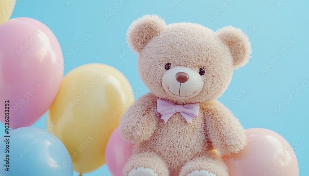 Beige Fluffy Bear Kid Toy with Pink Heart on Blue Background Beige Fluffy Bear Kid Toy with Pink Heart on Blue Background