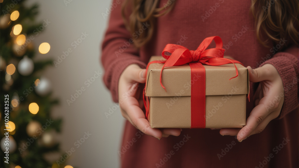 A Person Holding a Beautifully Wrapped Gift Near a Decorated Christmas Tree A Person Holding a Beautifully Wrapped Gift Near a Decorated Christmas Tree