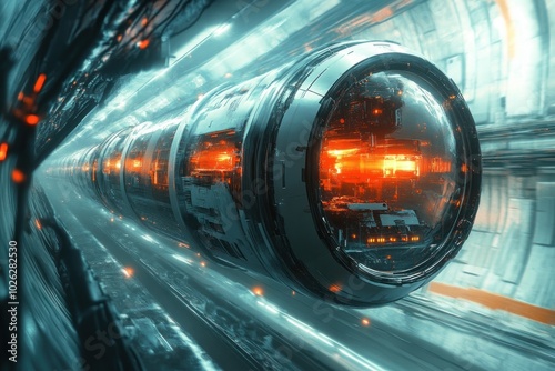 A futuristic train with glowing windows speeds through a tunnel.