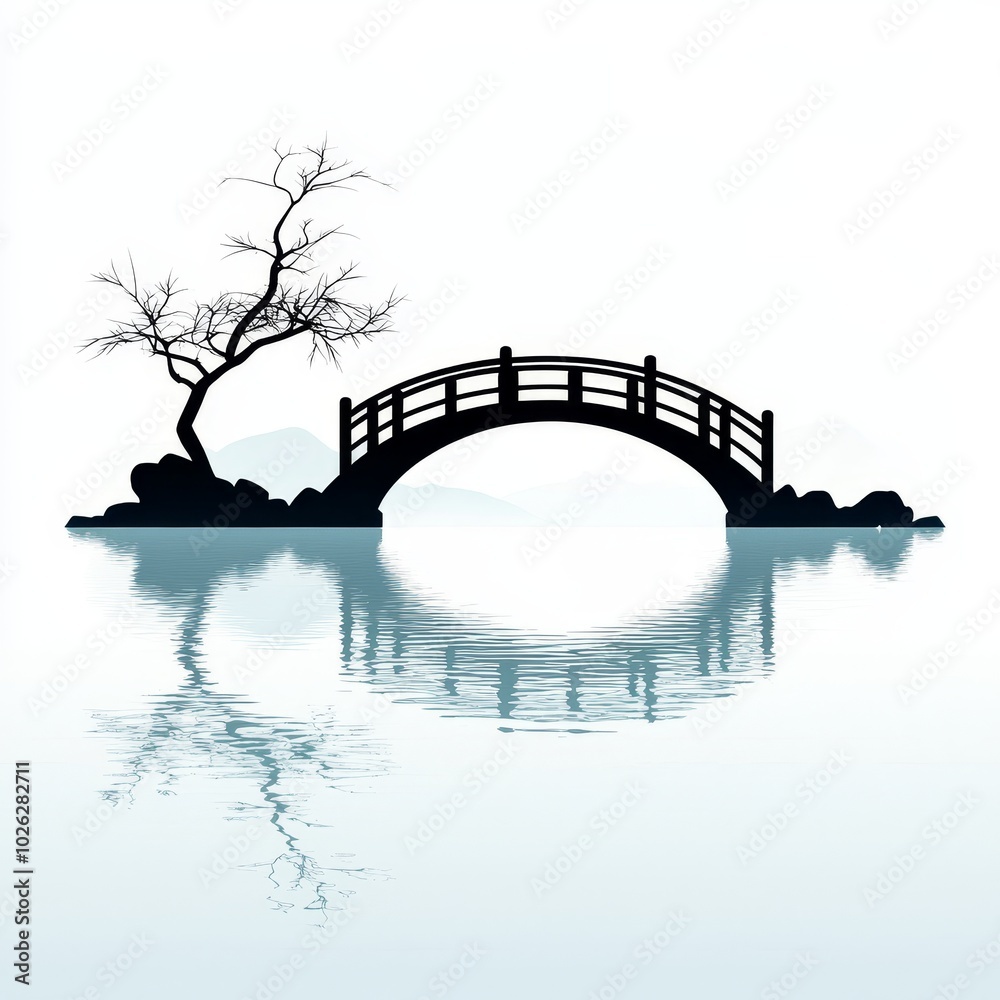 Black and White Silhouette of a Bridge Over Water with a Tree