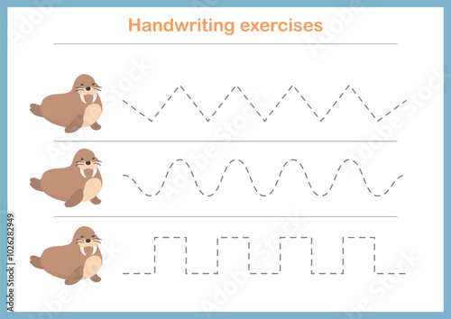 Basic writing exercises. Trace line worksheets for children. Preschool handwriting practice. Vector illustration. A4 - ready to print format