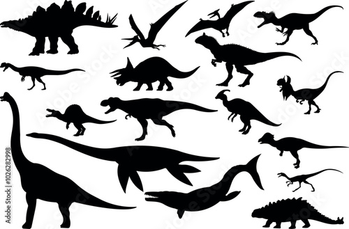 Set of dinosaur silhouette vector illustrations.