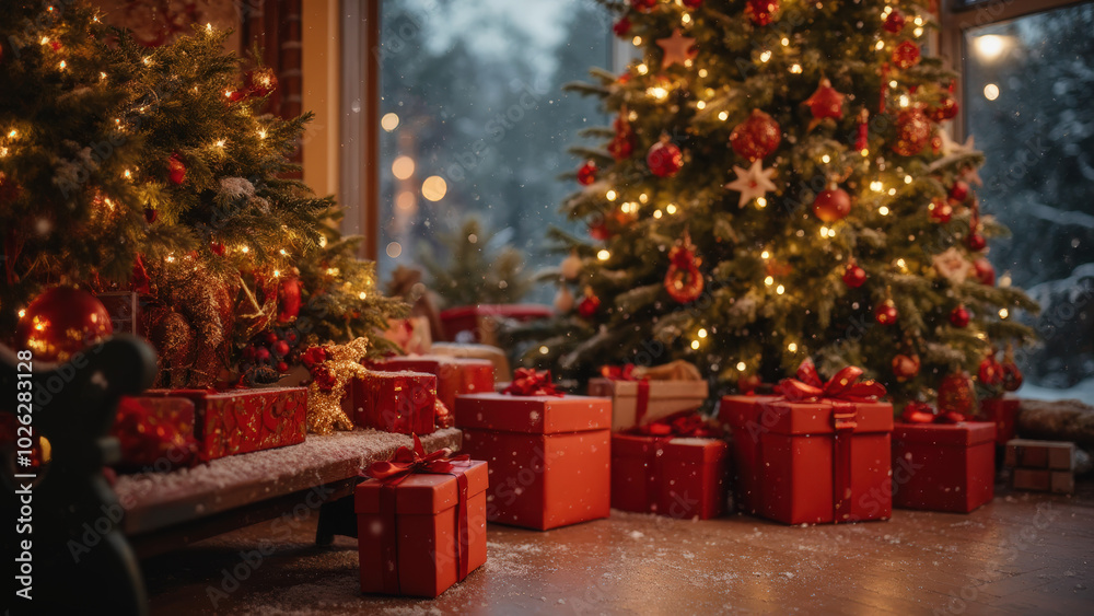 Cozy Living Room Adorned With Christmas Trees and Wrapped Gifts in Winter Cozy Living Room Adorned With Christmas Trees and Wrapped Gifts in Winter