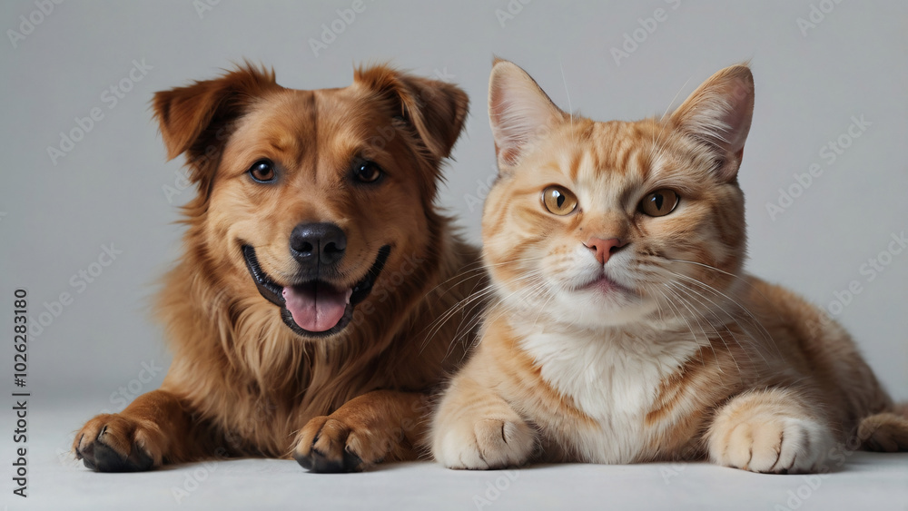 Dog and cat portrait on white background isolated. Pets and companions. Commercial banner for advertising cat and dog food. Pets looking at the camera on white background. Wallpaper. Copy space Dog and cat portrait on white background isolated. Pets and companions. Commercial banner for advertising cat and dog food. Pets looking at the camera on white background. Wallpaper. Copy space
