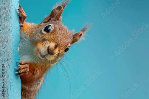 Surprised squirrel, sciurus, cautiously peeks around a corner, against a blue background, created with Generative AI technology. Copy space.