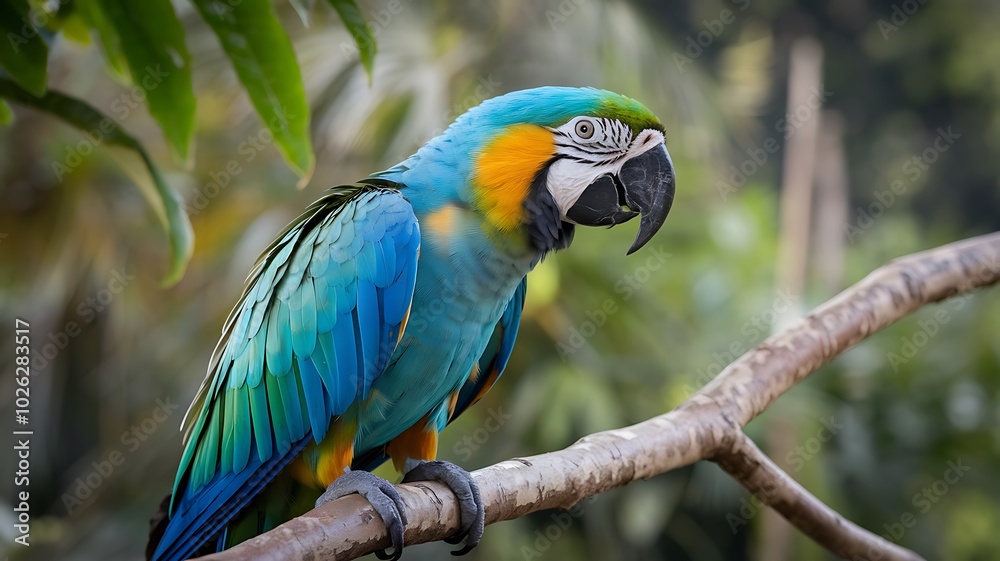 A Blue and Gold Macaw Perched on a Branch in a Lush Green Forest A Blue and Gold Macaw Perched on a Branch in a Lush Green Forest