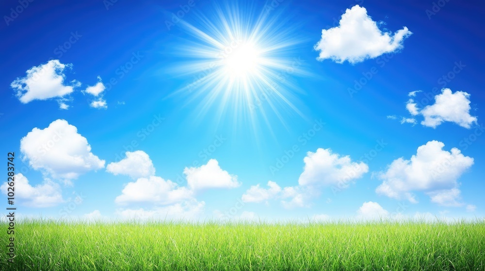 A wide, green field bathed in sunlight under a brilliant blue sky with scattered clouds, capturing the beauty of nature and tranquility. A wide, green field bathed in sunlight under a brilliant blue sky with scattered clouds, capturing the beauty of nature and tranquility.