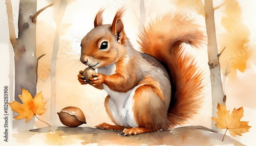 Alert squirrel holding an acorn among autumn foliage in a warm watercolor style
