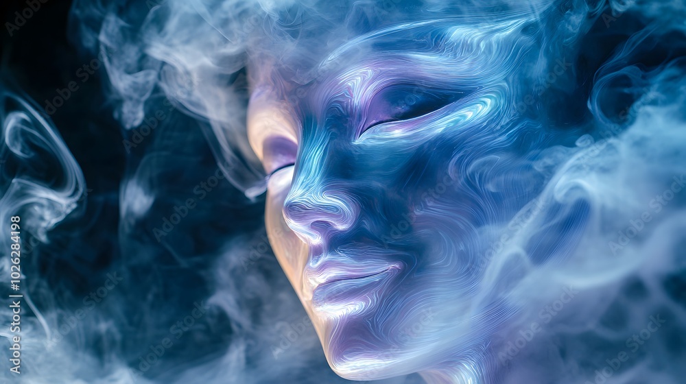 Subtle swirling smoke surrounds the mask reflecting its iridescent surface under a soft glow Subtle swirling smoke surrounds the mask reflecting its iridescent surface under a soft glow