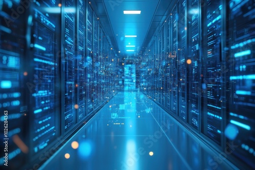 A long hallway in a server room with rows of servers on either side and a blue glowing light.