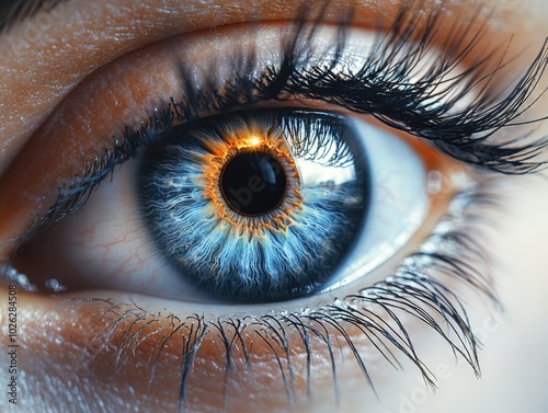 A wide-open blue eye with natural eyelashes and a glowing highlight in the pupil, isolated on white background 