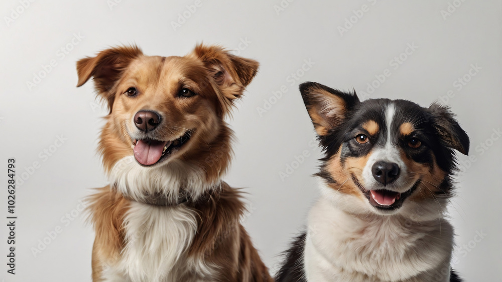 Two dog portrait on white background isolated. Pets and companions. Commercial banner for advertising cat and dog food. Pets looking at the camera on white background. Wallpaper. Copy space Two dog portrait on white background isolated. Pets and companions. Commercial banner for advertising cat and dog food. Pets looking at the camera on white background. Wallpaper. Copy space