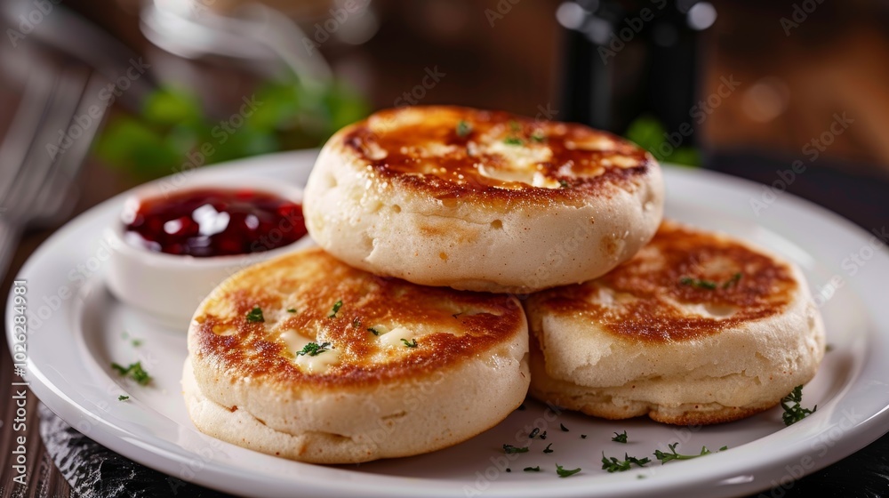 Golden Pancakes with Butter Garnish and Berry Sauce on White Plate Golden Pancakes with Butter Garnish and Berry Sauce on White Plate