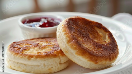 Golden Crumpets with Berry Jam on Elegant White Dish