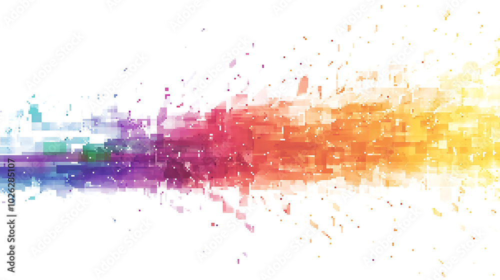 Obraz premium Abstract background with colorful blocks and particles, fading from blue to yellow on a white background.