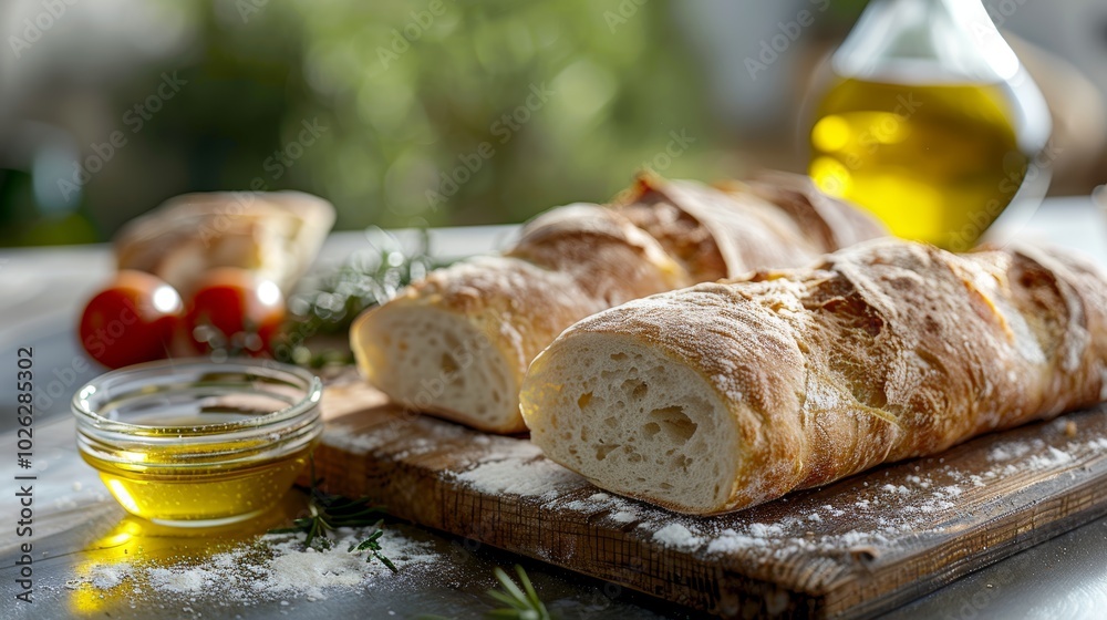 Rustic Bread on Wooden Board with Olive Oil and Fresh Tomatoes Rustic Bread on Wooden Board with Olive Oil and Fresh Tomatoes
