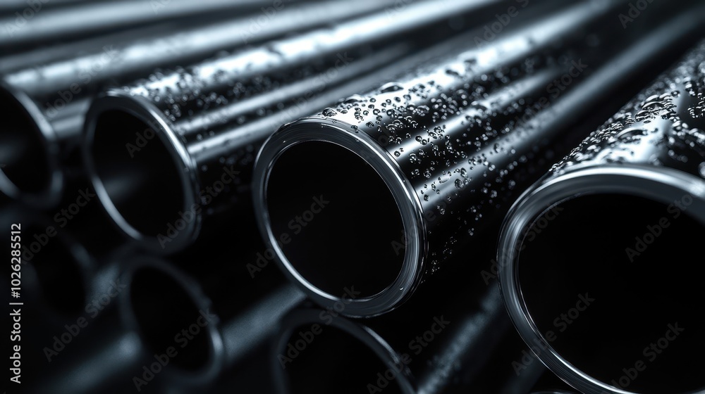 Close-up of black metal pipes with water droplets, emphasizing industrial texture and detail. Close-up of black metal pipes with water droplets, emphasizing industrial texture and detail.