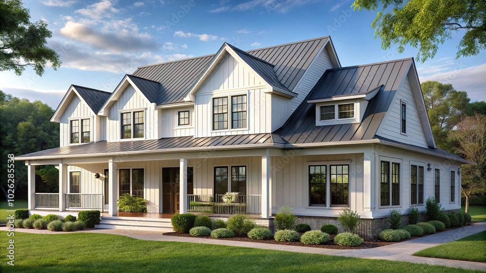 modern farmhouse exterior with white facade, dark roof, spacious wrap-around porch modern farmhouse exterior with white facade, dark roof, spacious wrap-around porch