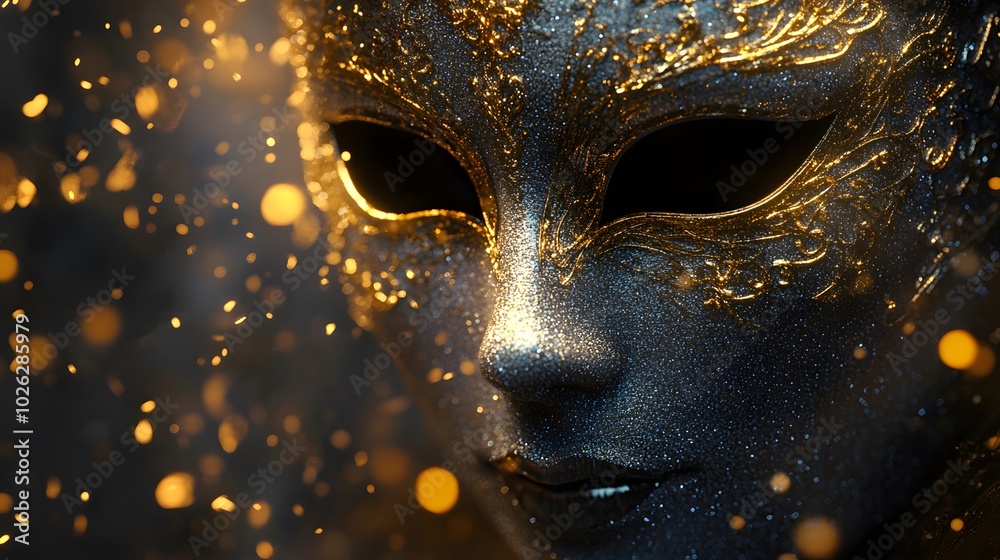 Glimmering particles float delicately around the mask reflecting soft light and creating an ethereal ambiance Glimmering particles float delicately around the mask reflecting soft light and creating an ethereal ambiance