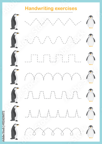 Basic writing exercises. Trace line worksheets for children. Preschool handwriting practice. Vector illustration. A4 - ready to print format