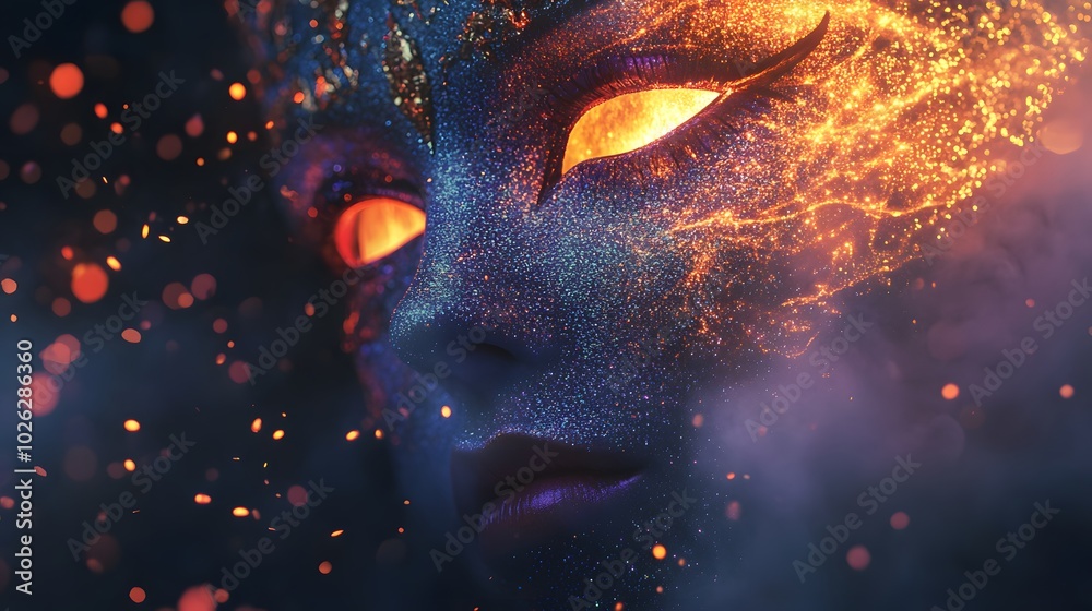 Glimmering dust particles hover around the mask catching the light and softly reflecting its iridescent colors Glimmering dust particles hover around the mask catching the light and softly reflecting its iridescent colors