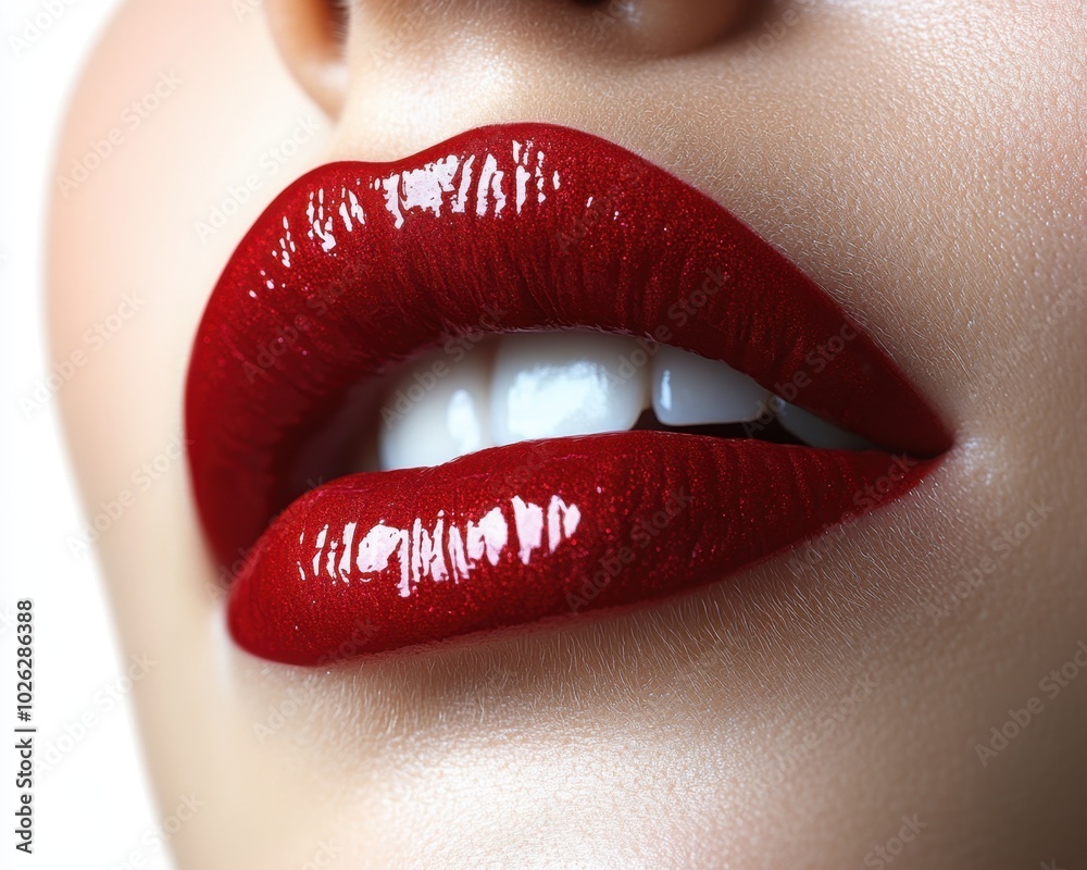 Obraz premium A detailed close-up of glossy red lips in a slight pout, isolated on white background 