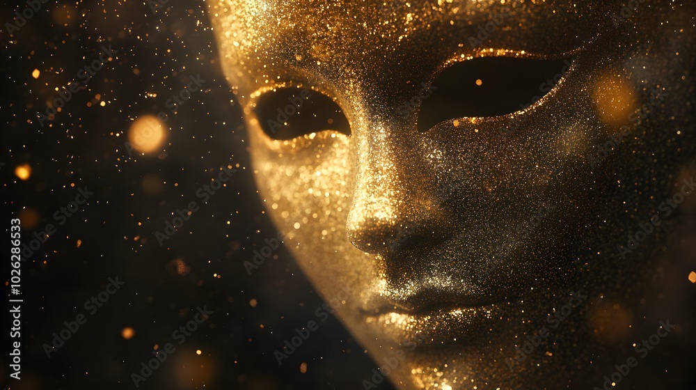 Subtle particles float around the mask gently shimmering and reflecting soft light in a magical ambiance Subtle particles float around the mask gently shimmering and reflecting soft light in a magical ambiance