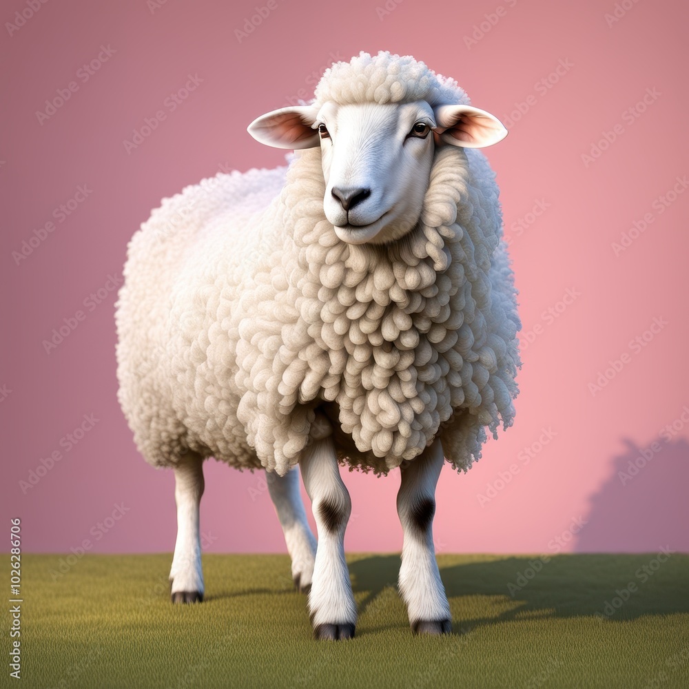 A realistic 3D rendering of a fluffy sheep standing on green grass with a pink background. A realistic 3D rendering of a fluffy sheep standing on green grass with a pink background.