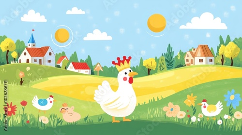 A white chicken with a crown stands in a field of flowers with two other chickens and a pig, in front of a charming cartoon village.