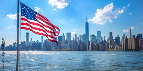 American flag waving with  a city skyline and sea in the background