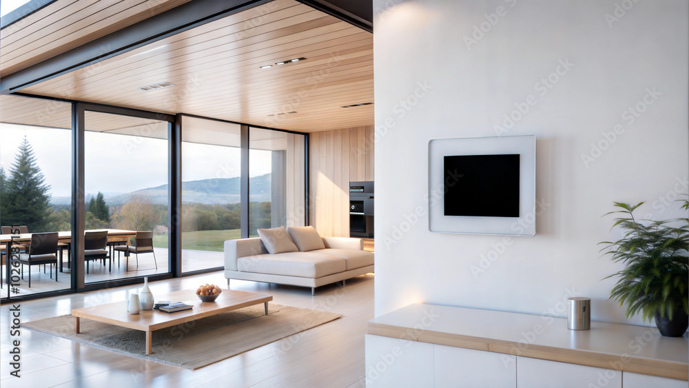 Modern living room with panoramic windows and minimalist design Modern living room with panoramic windows and minimalist design