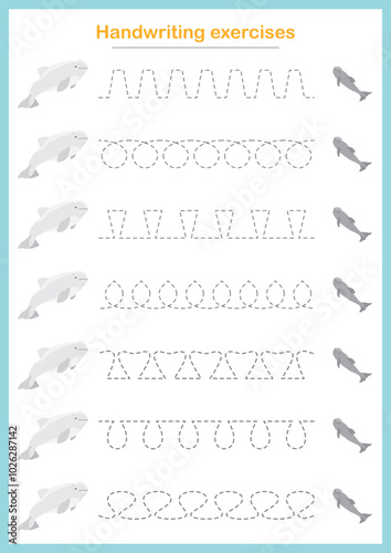 Basic writing exercises. Trace line worksheets for children. Preschool handwriting practice. Vector illustration. A4 - ready to print format