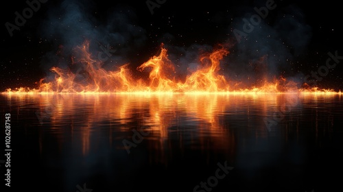 A horizontal line of fire reflects off a dark, rippling surface.