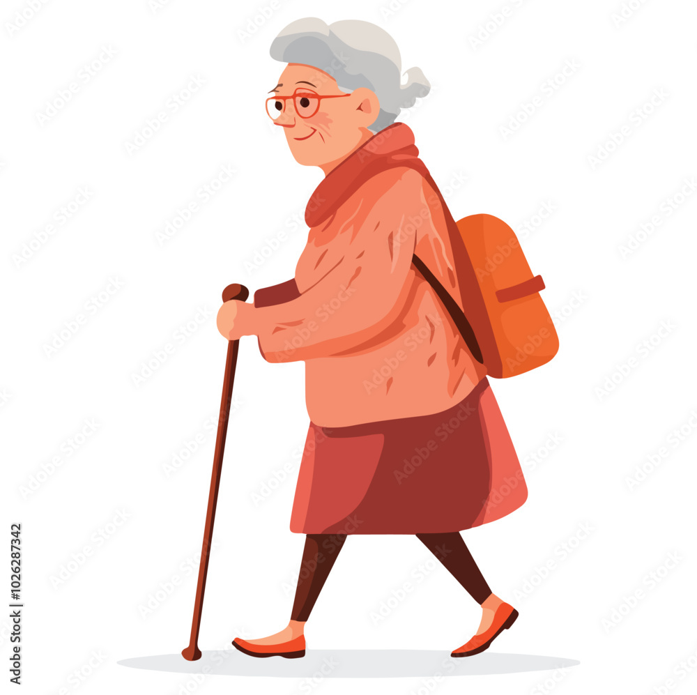 Elderly Woman Enjoying Nature with Walking Stick Outdoors Flat Vector Illustration Elderly Woman Enjoying Nature with Walking Stick Outdoors Flat Vector Illustration