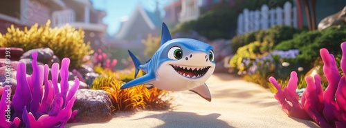 A friendly cartoon shark swims through a coral reef with a big smile on its face. photo