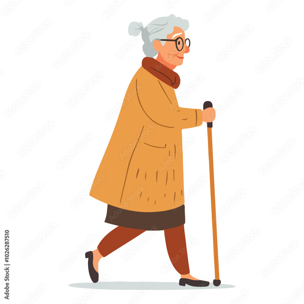 Elderly Woman Enjoying Nature with Walking Stick Outdoors Flat Vector Illustration Elderly Woman Enjoying Nature with Walking Stick Outdoors Flat Vector Illustration
