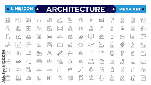 Architecture line icons collection. Bank, temple, office, factory, shop, hotel, hospital icons. UI icon set. Apartment interior blueprint. House construction. Editable stroke outline icon.
