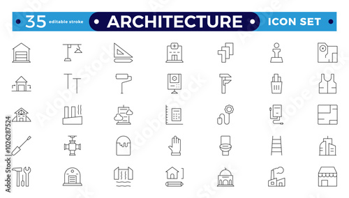Architecture line icons collection. Bank, temple, office, factory, shop, hotel, hospital icons. UI icon set. Apartment interior blueprint. House construction. Editable stroke outline icon.
