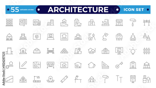 Architecture line icons collection. Bank, temple, office, factory, shop, hotel, hospital icons. UI icon set. Apartment interior blueprint. House construction. Editable stroke outline icon.
