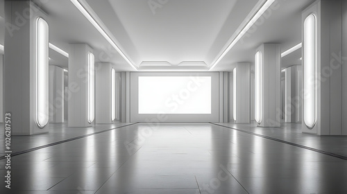 Contemporary Art Gallery: An elegant art gallery with white walls and a minimalist design. A blank white billboard stands prominently in the center of the room